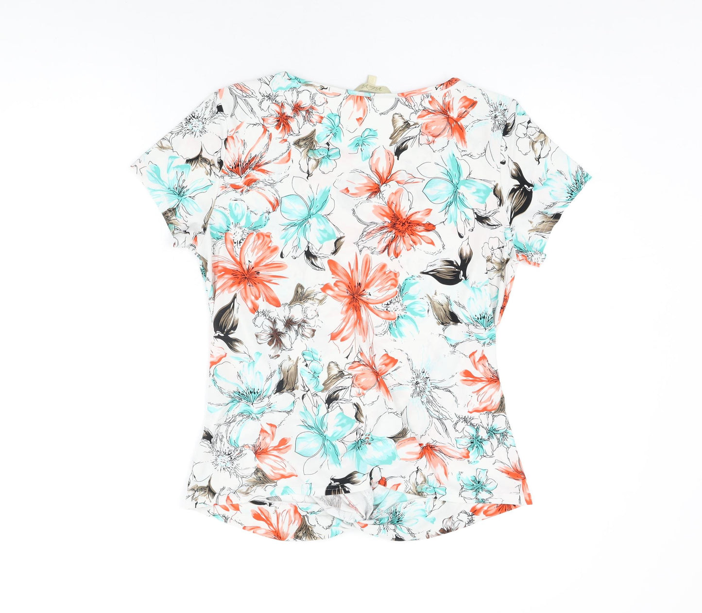 Vida Vi Womens White Floral Polyester Basic T-Shirt Size 14 Round Neck