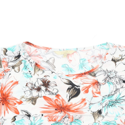 Vida Vi Womens White Floral Polyester Basic T-Shirt Size 14 Round Neck