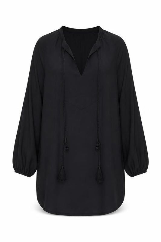 Front view of H&M women’s black polyester shift, size UK 8, v-neck pullover