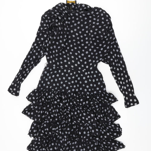 St.Gillian Womens Black Polka Dot Silk Shift Size 6 Round Neck Zip - Frill Detail