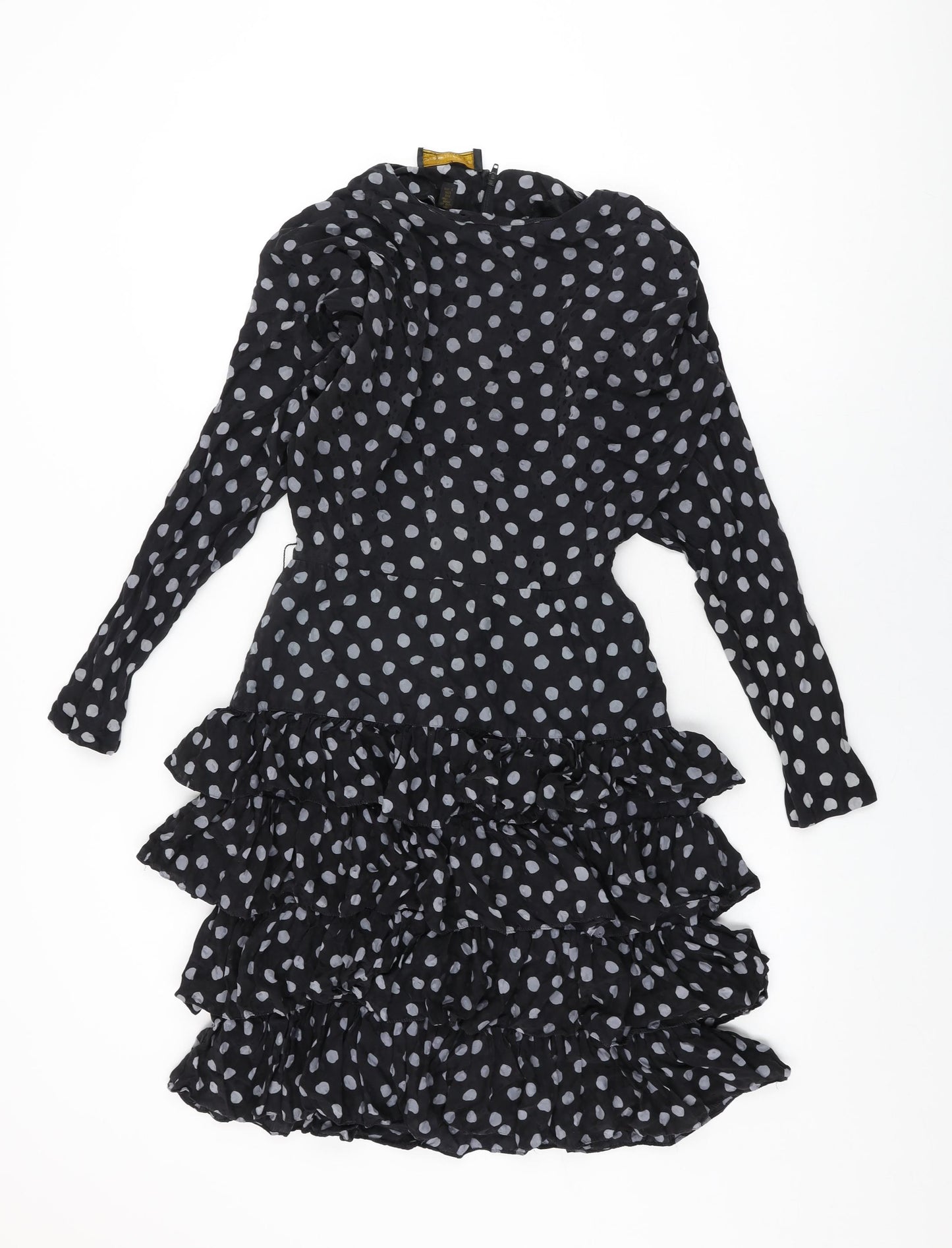 St.Gillian Womens Black Polka Dot Silk Shift Size 6 Round Neck Zip - Frill Detail