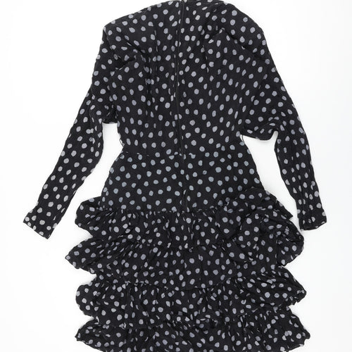 St.Gillian Womens Black Polka Dot Silk Shift Size 6 Round Neck Zip - Frill Detail