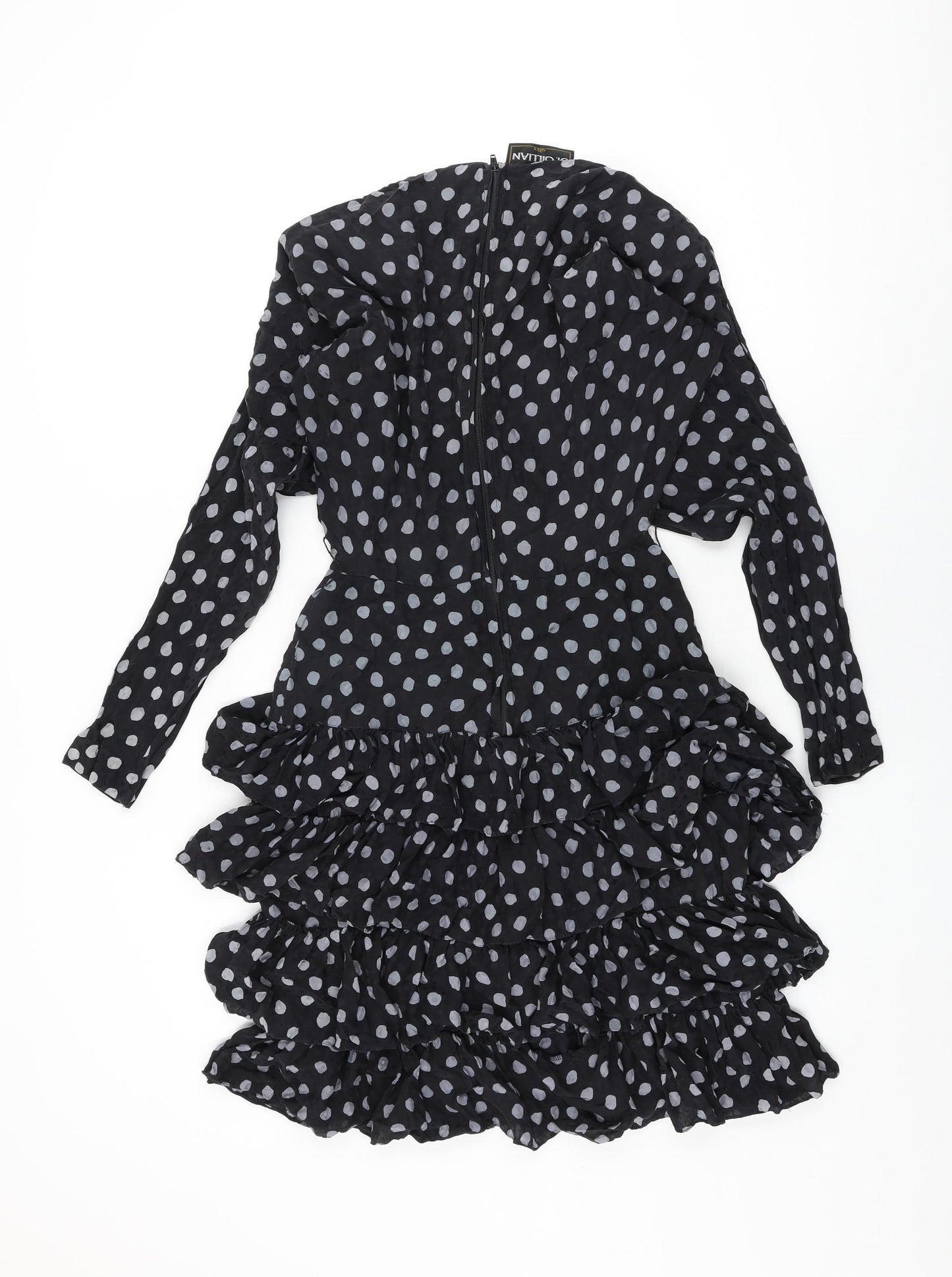 St.Gillian Womens Black Polka Dot Silk Shift Size 6 Round Neck Zip - Frill Detail