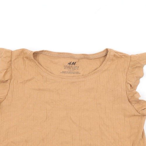 H&M Girls Brown Cotton Basic T-Shirt Size 8-9 Years Round Neck Pullover