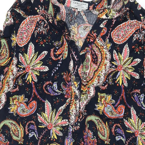 Cerulean Collection Womens Blue Floral Viscose Shift Size M V-Neck Button - Paisley