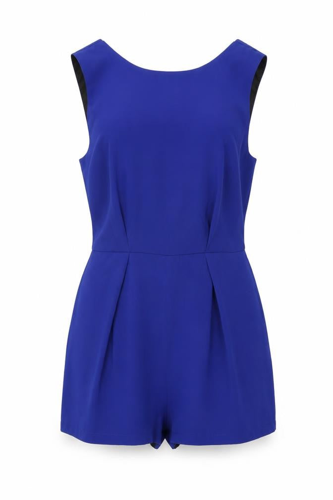 Front view of Topshop women’s blue polyester playsuit one-piece, size UK 10, 3-inch leg zip