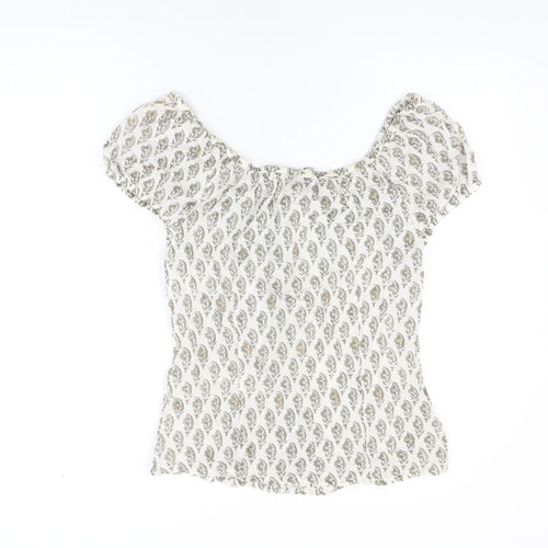 Anokhi Womens White Floral Cotton Basic Button-Up Size S Off the Shoulder