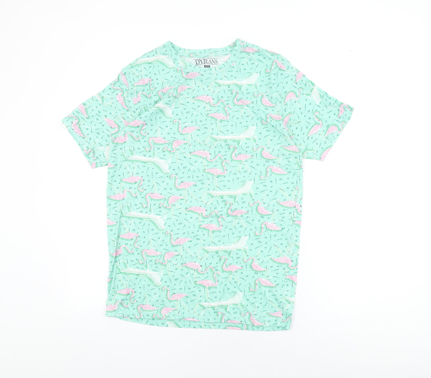 DY Jeans Womens Green Geometric Cotton Basic T-Shirt Size M Round Neck - Flamingo