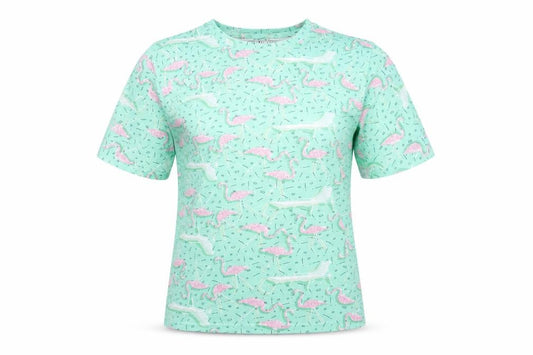 Front view of DY Jeans women’s green geometric cotton basic t-shirt, size M, round neck - flamingo