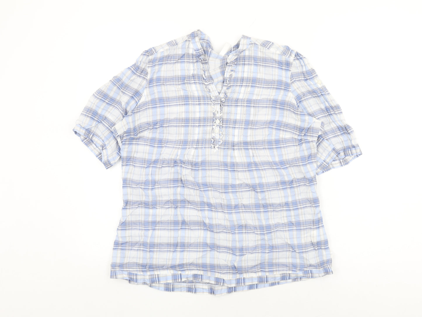 marks and Womens Blue Plaid Cotton Basic T-Shirt Size 16 V-Neck