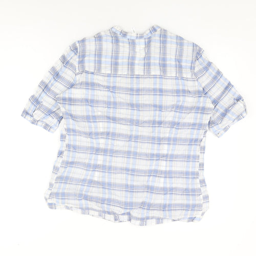 marks and Womens Blue Plaid Cotton Basic T-Shirt Size 16 V-Neck