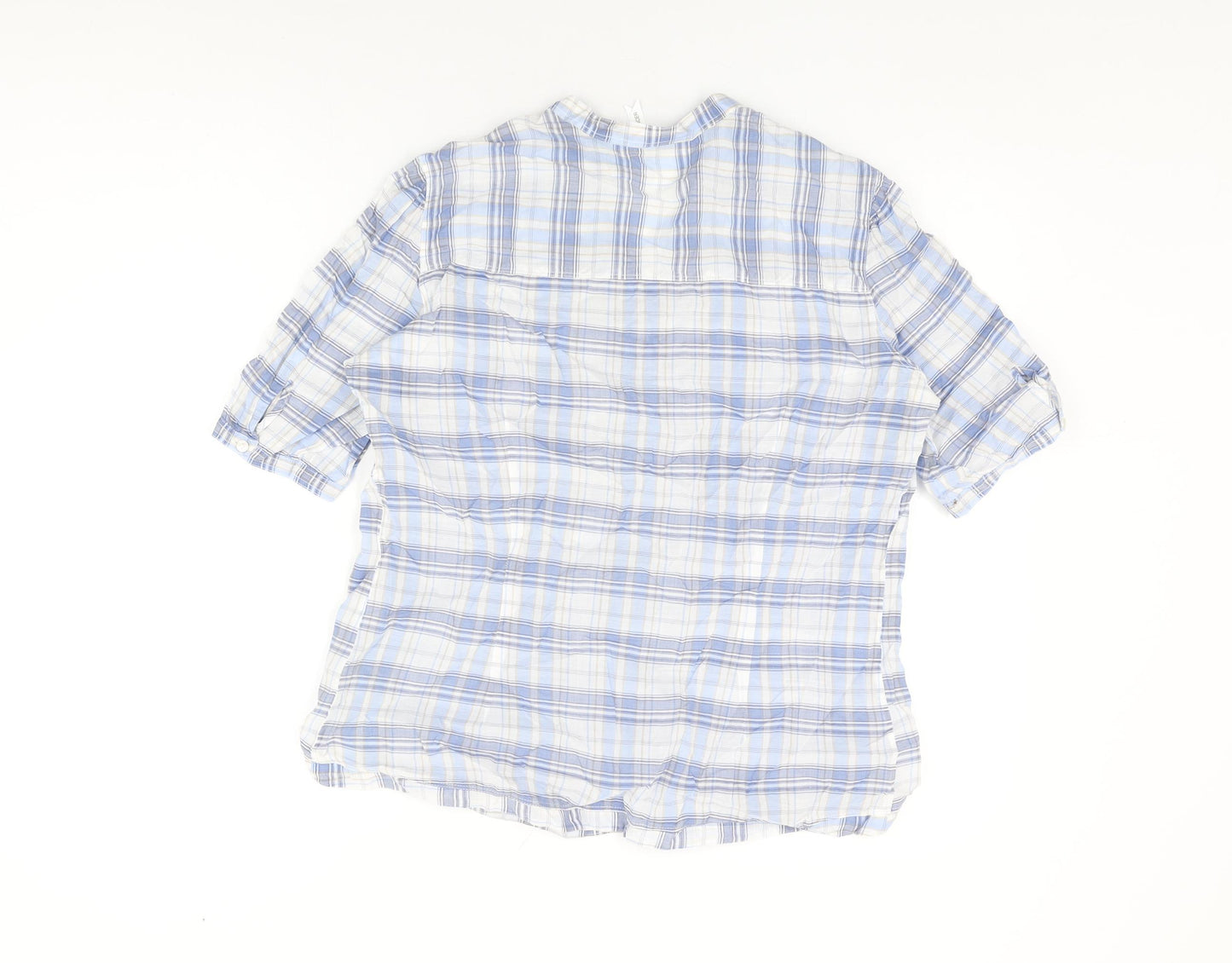 marks and Womens Blue Plaid Cotton Basic T-Shirt Size 16 V-Neck