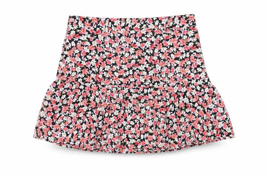 Front view of Cameo Rose women’s black floral polyester mini skirt, size UK 14, zip