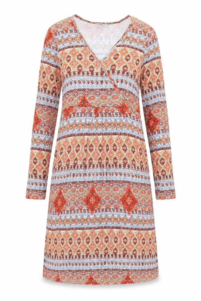 Front view of Boysen's women’s multicoloured geometric viscose shift, size UK 10, v-neck pullover