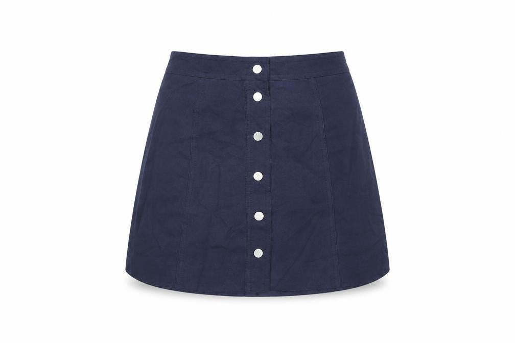 Front view of H&M women’s blue polyester mini skirt, size UK 8, snap - suede