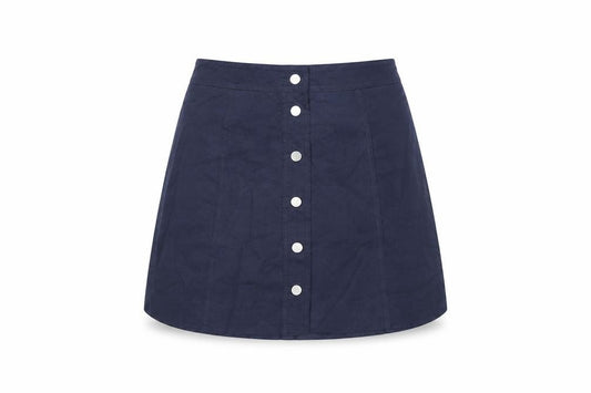Front view of H&M women’s blue polyester mini skirt, size UK 8, snap - suede