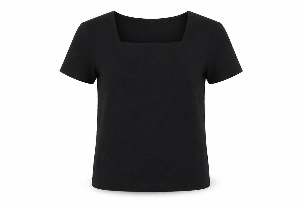 Front view of Country Casuals women’s black polyester basic t-shirt, size M, square neck