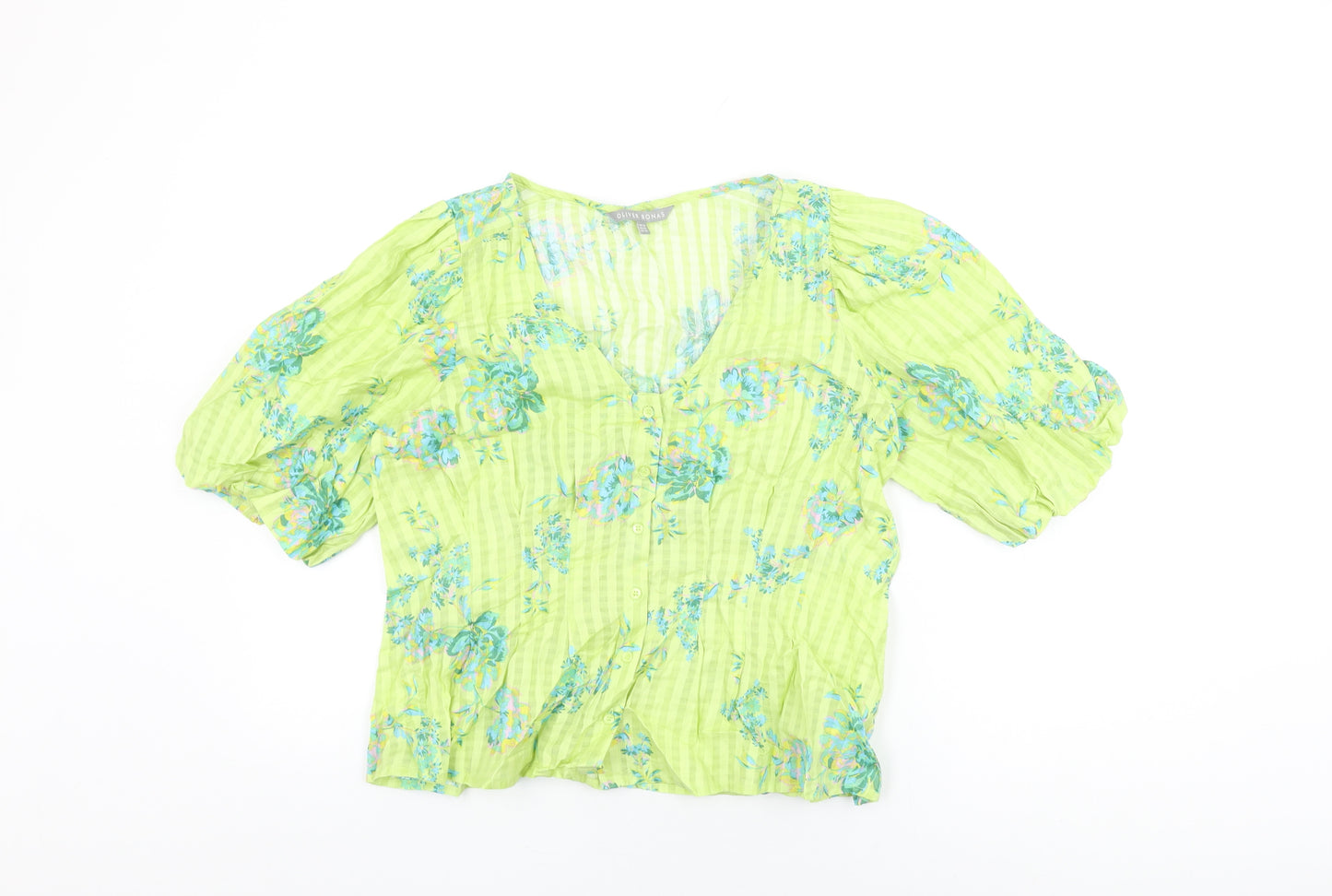 Oliver Bonas Womens Green Floral Cotton Basic Button-Up Size 14 V-Neck