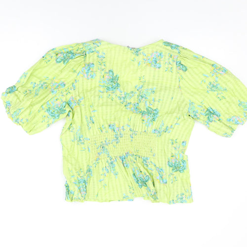 Oliver Bonas Womens Green Floral Cotton Basic Button-Up Size 14 V-Neck