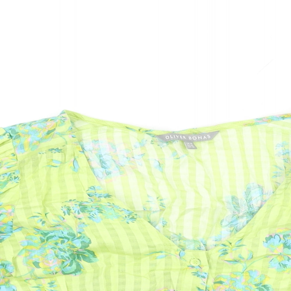 Oliver Bonas Womens Green Floral Cotton Basic Button-Up Size 14 V-Neck