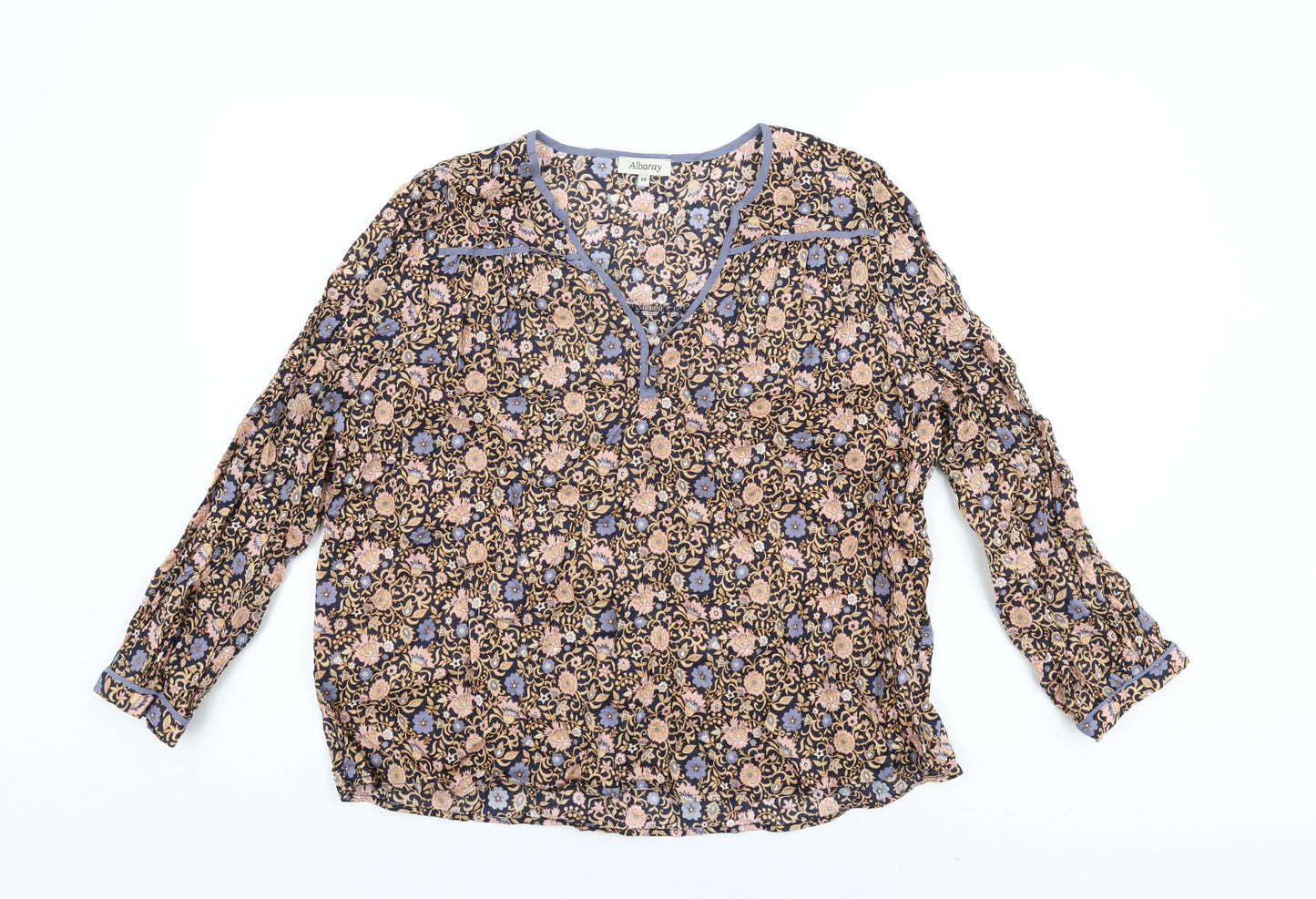 Albaray Womens Blue Floral Cotton Basic T-Shirt Size 16 V-Neck