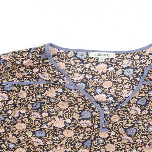 Albaray Womens Blue Floral Cotton Basic T-Shirt Size 16 V-Neck