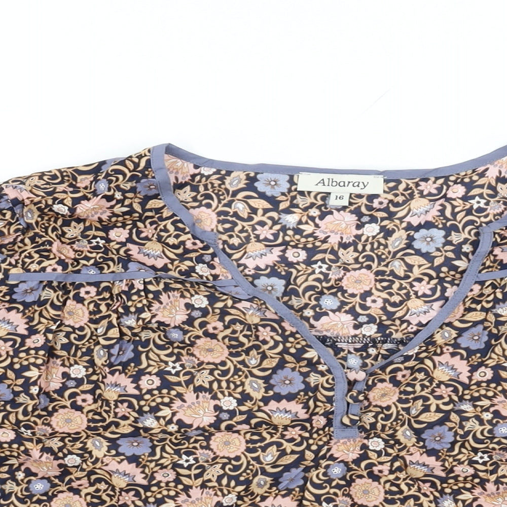 Albaray Womens Blue Floral Cotton Basic T-Shirt Size 16 V-Neck