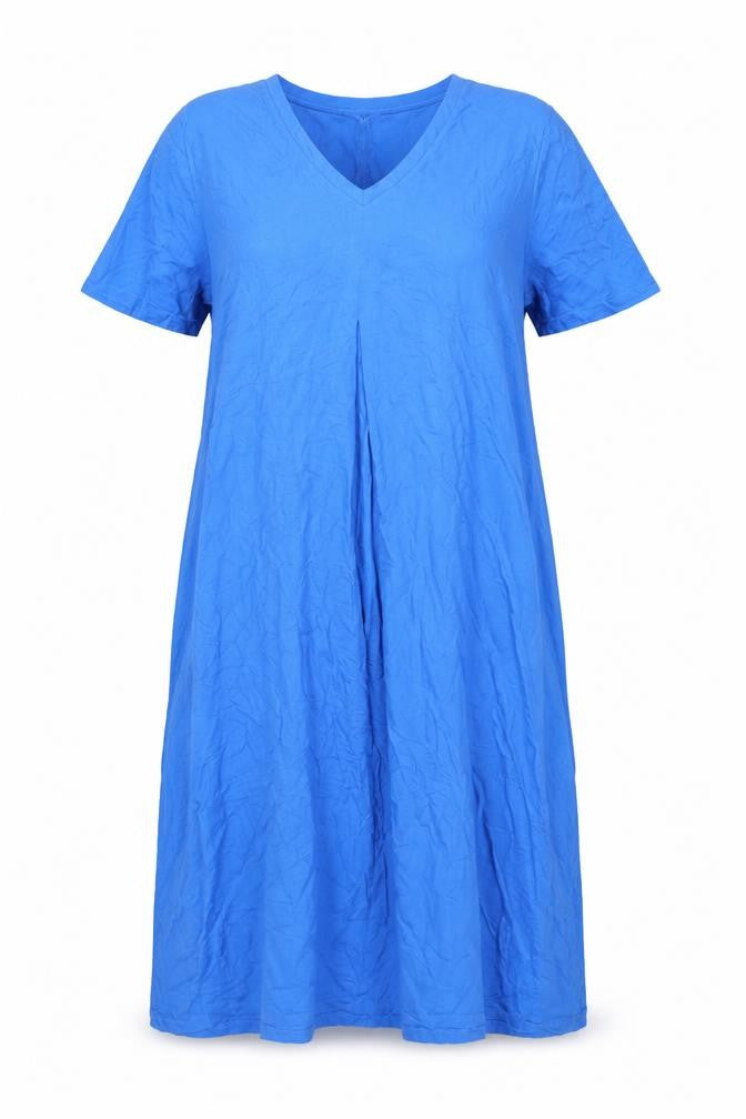 Front view of Lily Ella women’s blue viscose shift, size UK 20, v-neck pullover