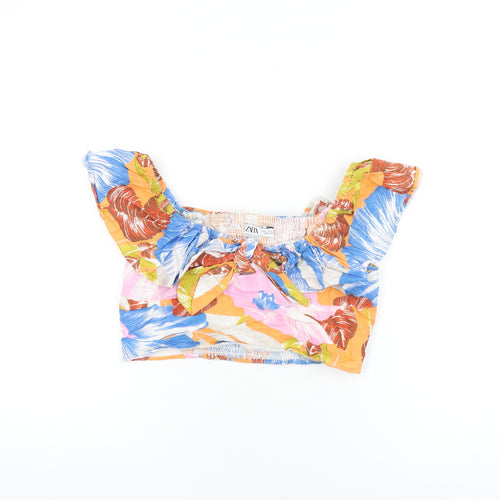 Zara Womens Multicoloured Floral Linen Cropped T-Shirt Size L Off the Shoulder - Frill Detail