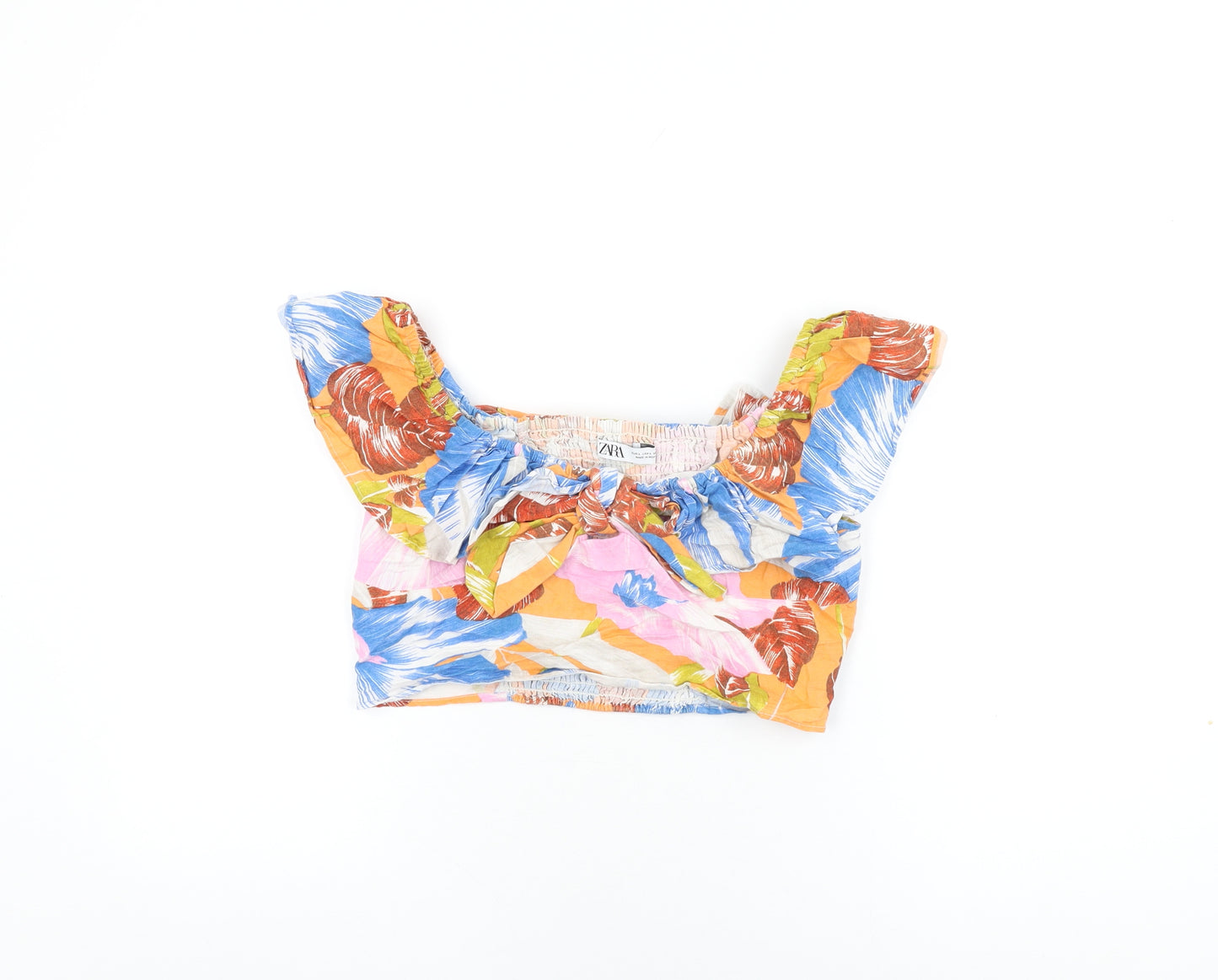 Zara Womens Multicoloured Floral Linen Cropped T-Shirt Size L Off the Shoulder - Frill Detail