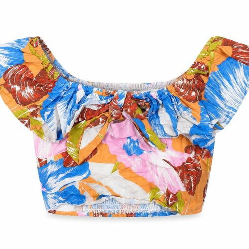 Zara Womens Multicoloured Floral Linen Cropped T-Shirt Size L Off the Shoulder - Frill Detail