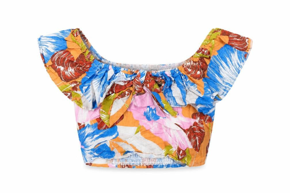 Zara Womens Multicoloured Floral Linen Cropped T-Shirt Size L Off the Shoulder - Frill Detail