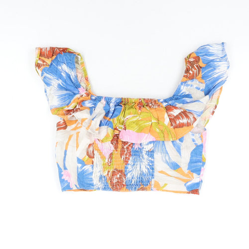 Zara Womens Multicoloured Floral Linen Cropped T-Shirt Size L Off the Shoulder - Frill Detail