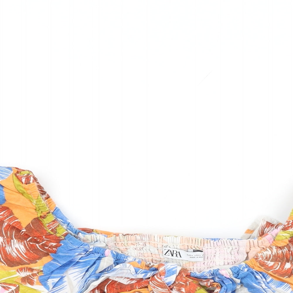 Zara Womens Multicoloured Floral Linen Cropped T-Shirt Size L Off the Shoulder - Frill Detail