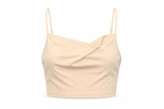 Front view of ASOS women’s pink polyester cropped t-shirt, size UK 8, cowl neck