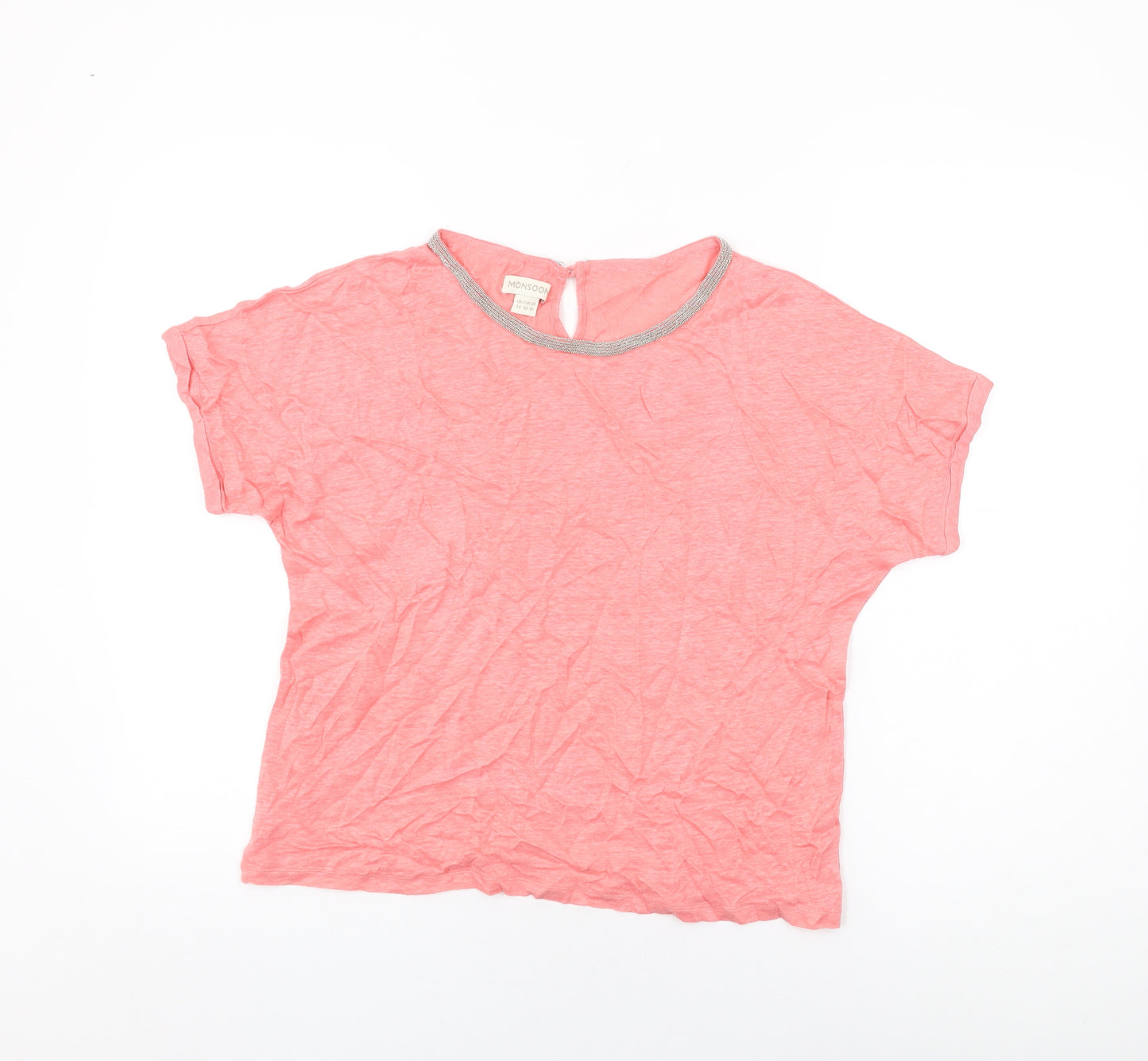 Monsoon Womens Pink Polyester Basic T-Shirt Size 14 Round Neck