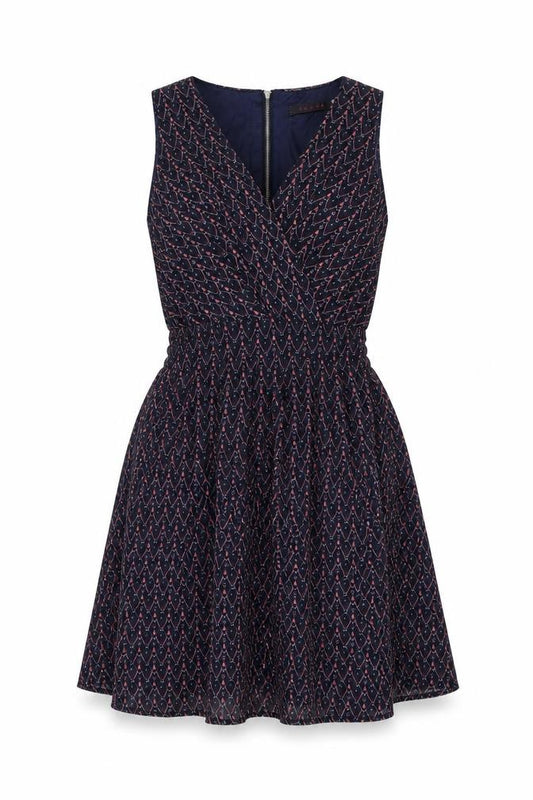 Front view of Tenki women’s blue geometric polyester skater dress, size UK 8, v-neck zip