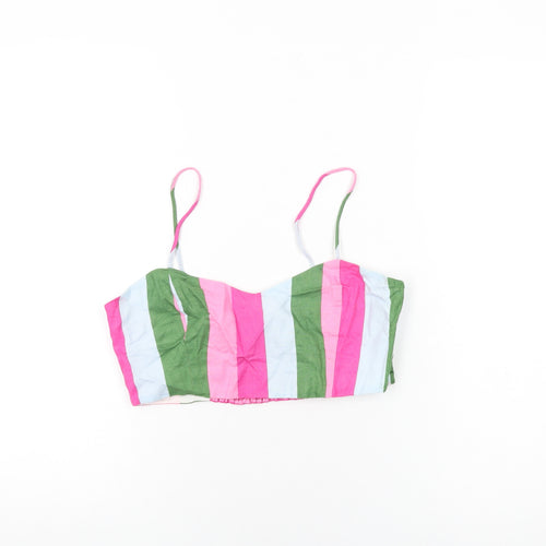 Zara Womens Multicoloured Striped Linen Cropped T-Shirt Size M V-Neck - Bralette