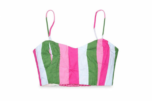 Front view of Zara women’s multicoloured striped linen cropped t-shirt, size M, v-neck - bralette