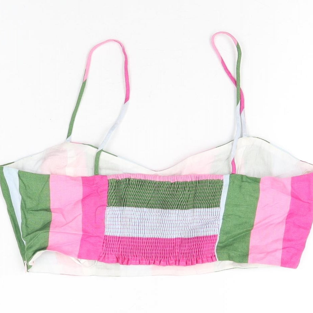 Zara Womens Multicoloured Striped Linen Cropped T-Shirt Size M V-Neck - Bralette