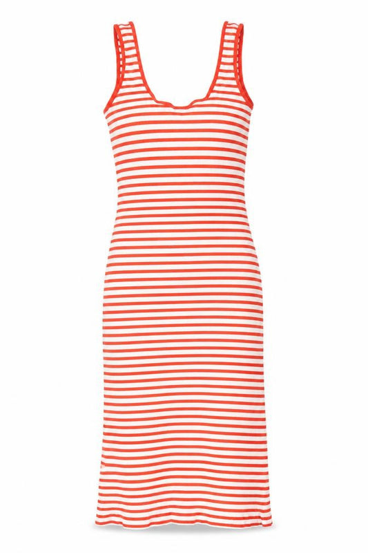 Front view of H&M women’s red striped cotton tank dress, size S, scoop neck pullover