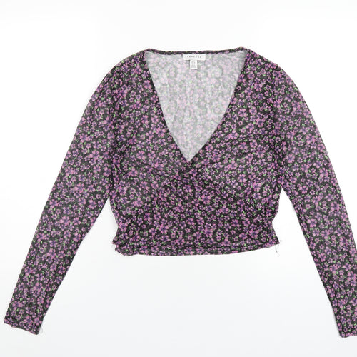 Topshop Womens Black Floral Polyester Basic T-Shirt Size 12 V-Neck