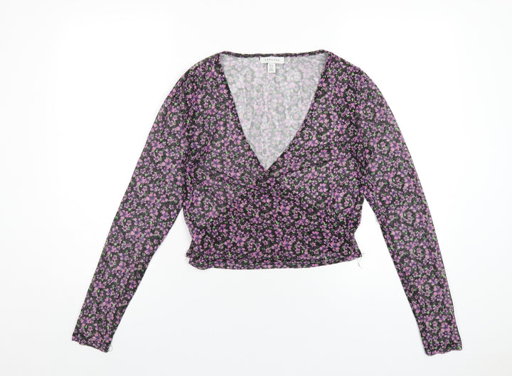 Topshop Womens Black Floral Polyester Basic T-Shirt Size 12 V-Neck