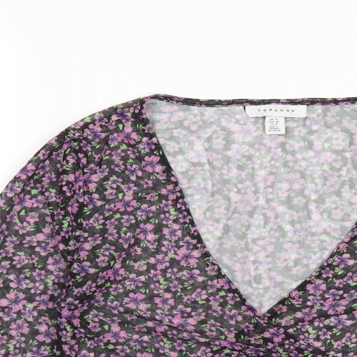 Topshop Womens Black Floral Polyester Basic T-Shirt Size 12 V-Neck