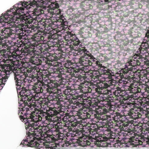 Topshop Womens Black Floral Polyester Basic T-Shirt Size 12 V-Neck
