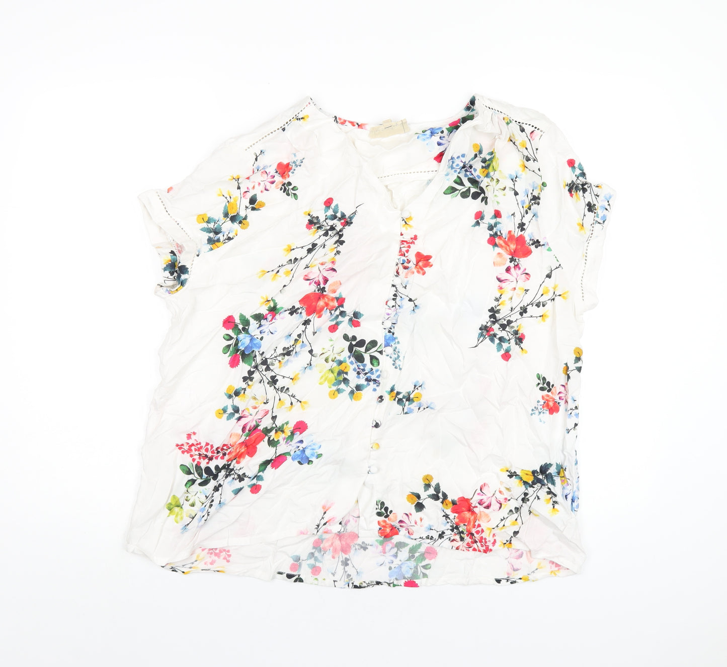 Phase Eight Womens White Floral Viscose Basic T-Shirt Size 16 V-Neck