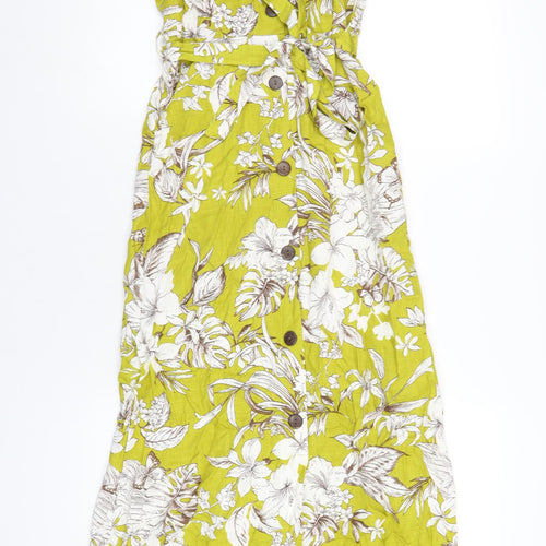 Monteau Womens Green Floral Viscose A-Line Size S V-Neck Button
