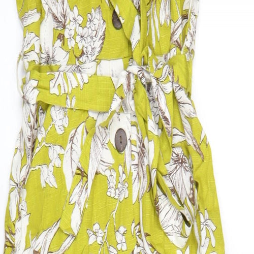 Monteau Womens Green Floral Viscose A-Line Size S V-Neck Button
