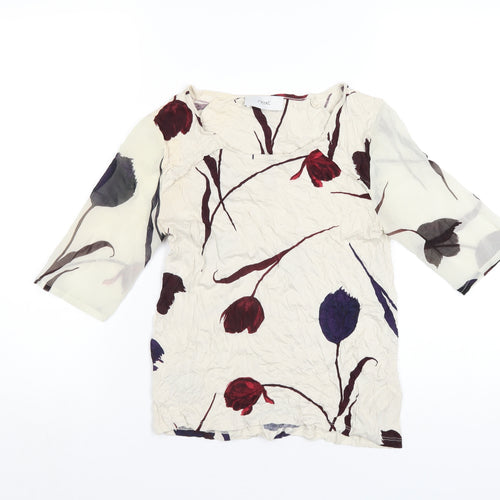 NEXT Womens Beige Floral Viscose Basic T-Shirt Size 6 Round Neck