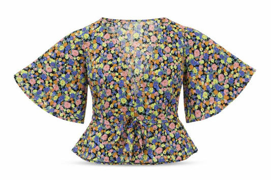 Front view of ASOS women’s multicoloured floral polyester basic blouse, size UK 12, v-neck